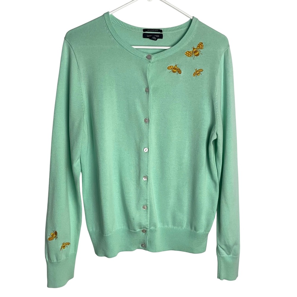 Lands‎ End Womens Bee Cardigan Size M Green Supima Cotton Cottagecore Sweater